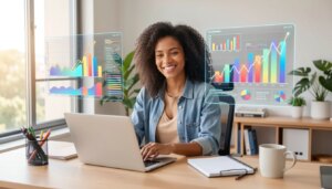 Empreendedora usando IA em home office moderno