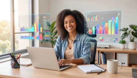 Empreendedora usando IA em home office moderno