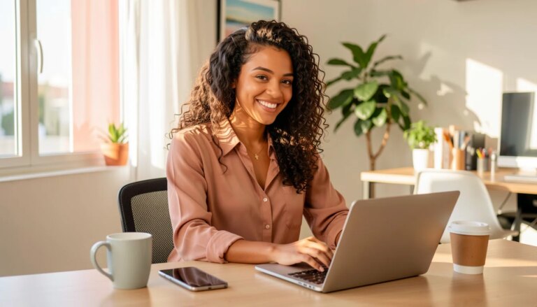 Jovem empreendedora brasileira sorrindo em home office moderno com laptop e smartphone