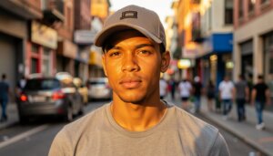 Homem jovem usando boné masculino moderno em estilo urbano