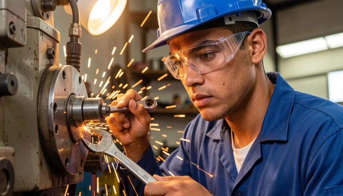 Jovem técnico industrial inspecionando máquina com chave inglesa