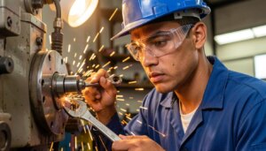 Jovem técnico industrial inspecionando máquina com chave inglesa