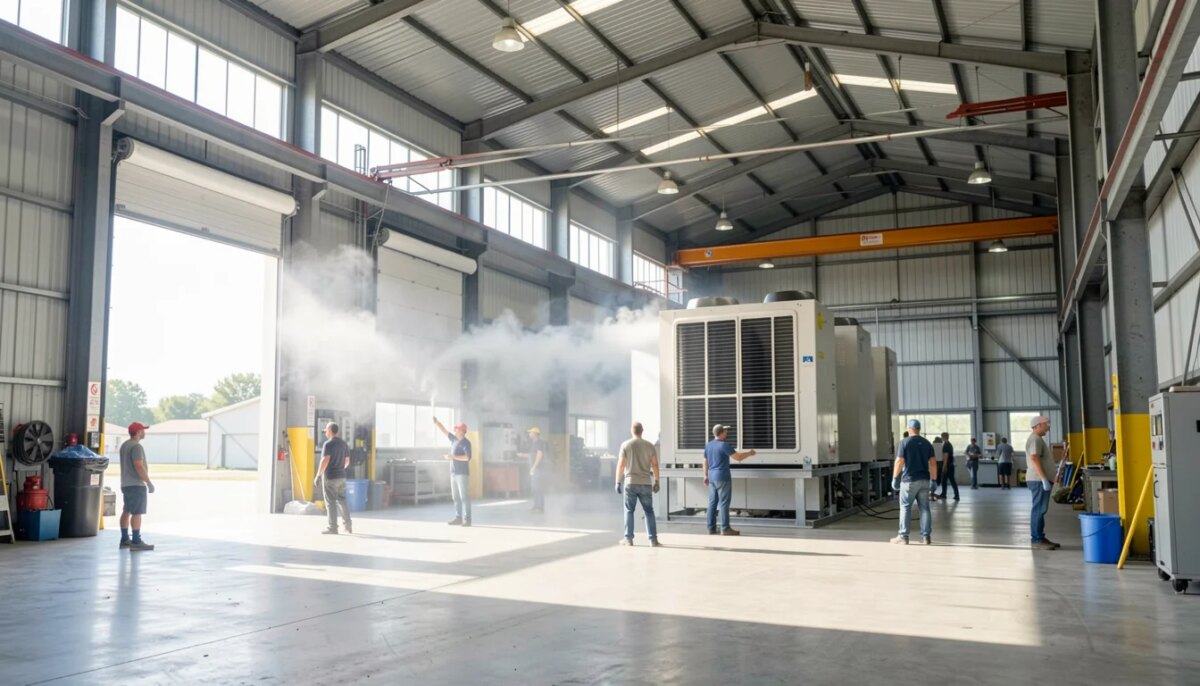 Galpão industrial amplo com climatizador evaporativo proporcionando conforto térmico