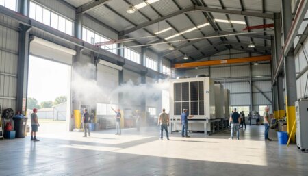 Galpão industrial amplo com climatizador evaporativo proporcionando conforto térmico