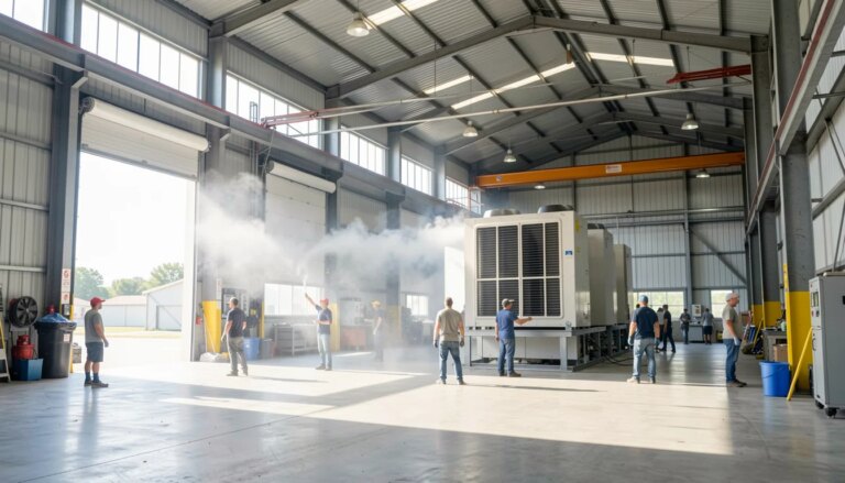 Galpão industrial amplo com climatizador evaporativo proporcionando conforto térmico