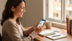Mulher sorrindo aliviada ao usar CRM no WhatsApp no escritório