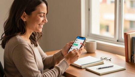 Mulher sorrindo aliviada ao usar CRM no WhatsApp no escritório