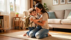 VOLTA ÀS AULAS CRECHE: Checklist Essencial (Guia de Adaptação) Mãe abraçando filho com mochila em sala iluminada