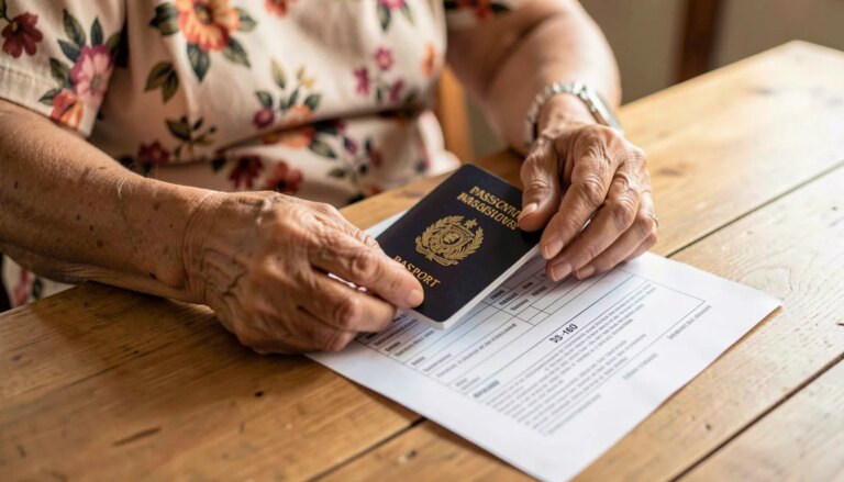 Mãos de idosa segurando passaporte e formulário DS-160 para visto americano.