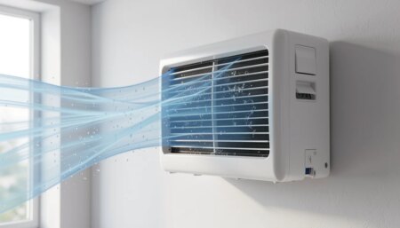 Ar-condicionado split evaporando ar frio com gotículas de condensação