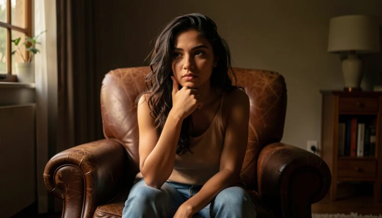 O peso das escolhas: quando a psicologia dos personagens define o sucesso de uma obra Mulher pensativa em poltrona de couro, luz dramática, expressão de reflexão.