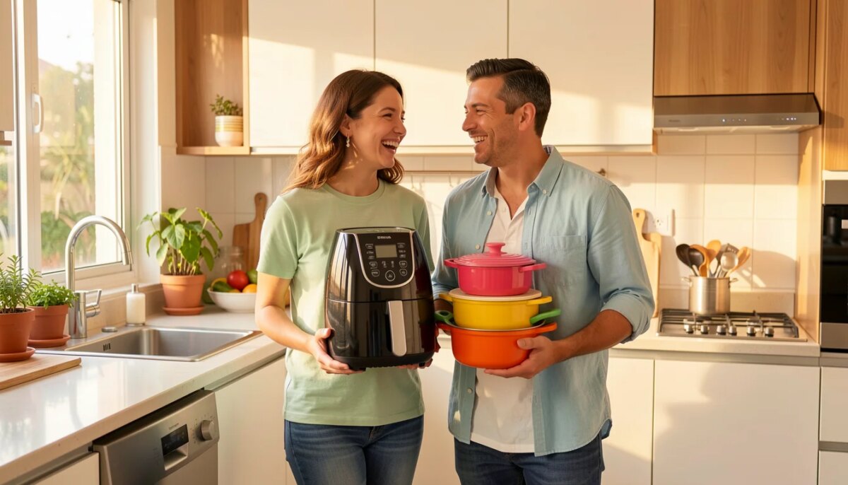 O que colocar na lista de casamento? Confira dicas para montar uma lista completa Casal feliz segurando presentes de casamento na cozinha moderna