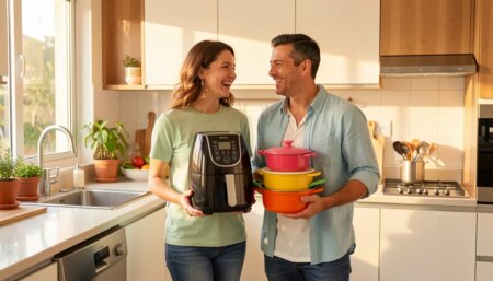 Casal feliz segurando presentes de casamento na cozinha moderna