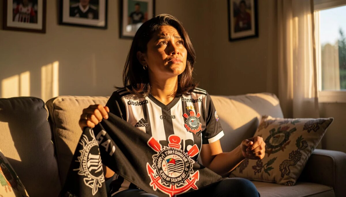 Torcedora corintiana emocionada segurando cachecol do Corinthians em casa
