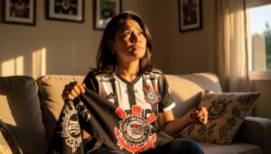 Torcedora corintiana emocionada segurando cachecol do Corinthians em casa