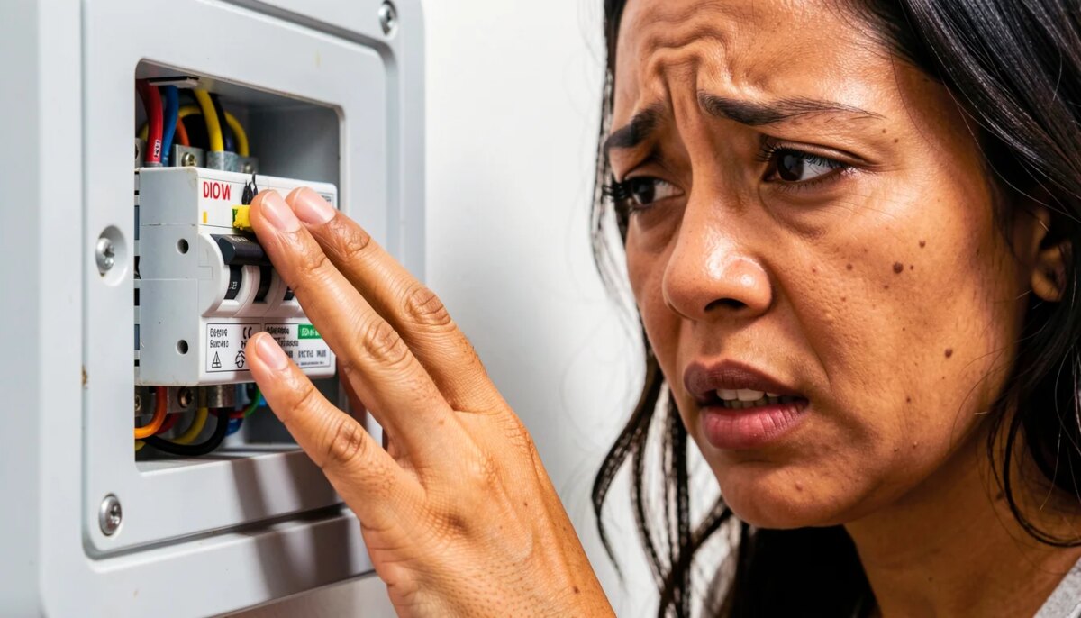 Por que o disjuntor não para de desarmar? 5 motivos e quando chamar um eletricista em Fortaleza Mão de mulher tocando quadro elétrico com disjuntor desarmado