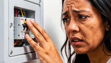 Mão de mulher tocando quadro elétrico com disjuntor desarmado