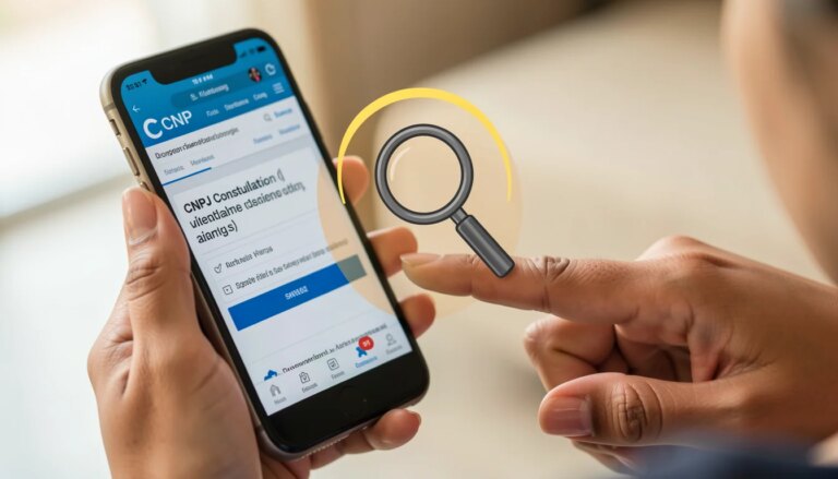 Mão feminina segurando smartphone com consulta CNPJ na tela.