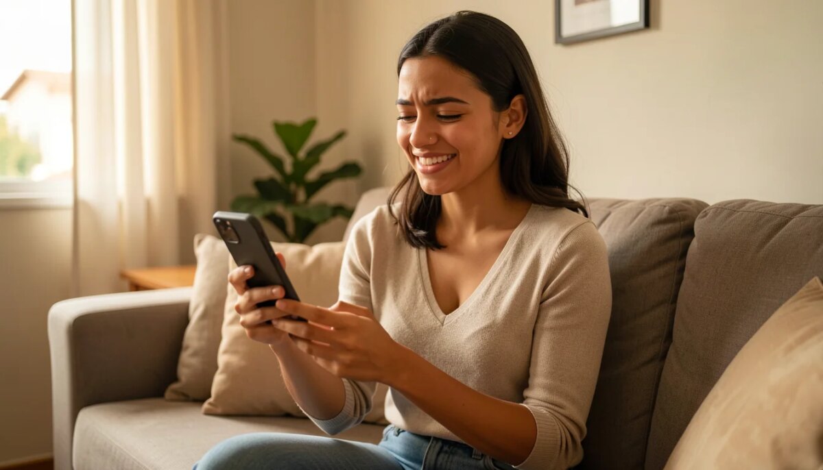 Atestado Rápido Online: Passo a Passo para Emitir, Validar e Enviar ao RH Mulher jovem segurando celular com atestado médico digital, sorrindo aliviada no sofá de casa.
