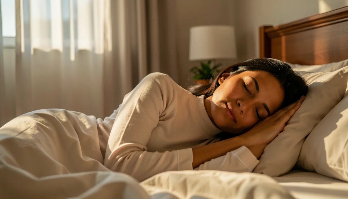 Mulher dormindo tranquilamente em quarto aconchegante com luz suave