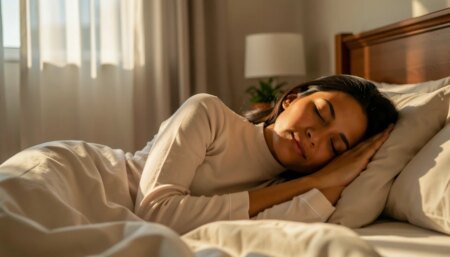 Mulher dormindo tranquilamente em quarto aconchegante com luz suave