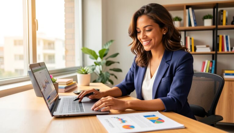 Empresária sorrindo analisando planilha financeira no laptop em escritório moderno