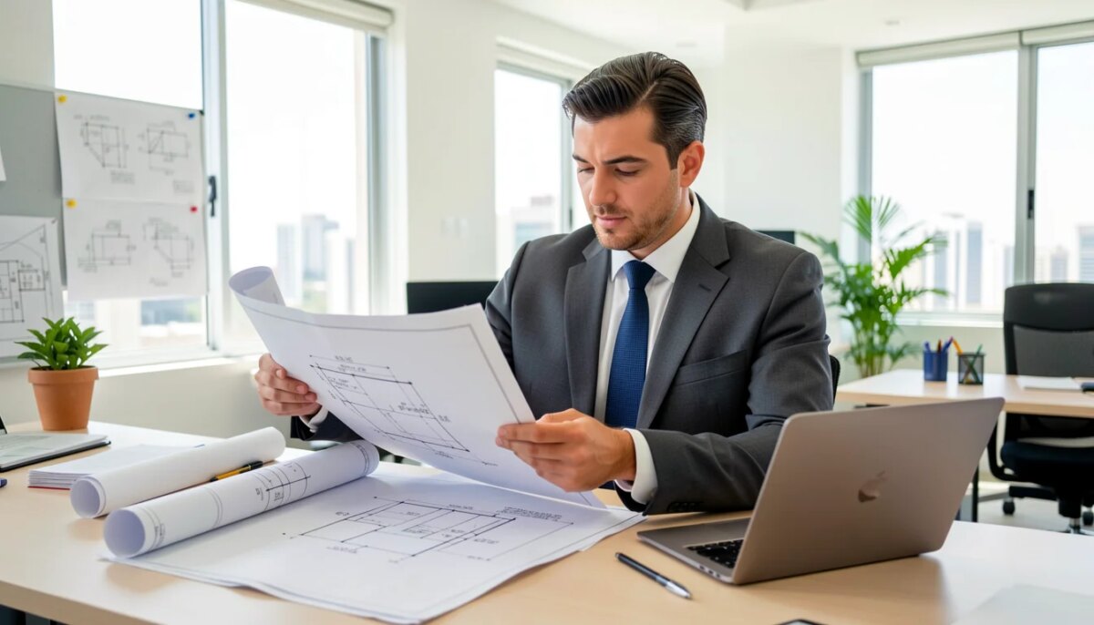 Engenharia Consultiva: Estrutura Jurídica e Fiscal para Especialistas Engenheiro consultor analisando plantas técnicas e laptop em escritório moderno