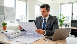 Engenheiro consultor analisando plantas técnicas e laptop em escritório moderno