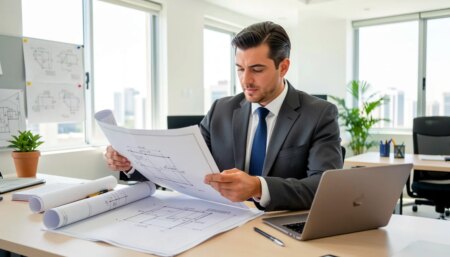 Engenheiro consultor analisando plantas técnicas e laptop em escritório moderno