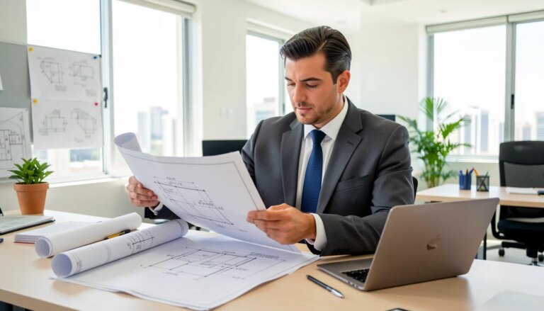 Engenheiro consultor analisando plantas técnicas e laptop em escritório moderno