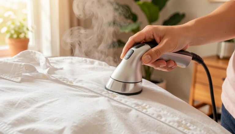 Como desamassar roupas sem estragar o tecido Mãos femininas usando vaporizador para desamassar camisa de linho branca.