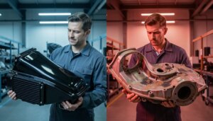 Controle térmico como fator de qualidade e segurança na produção industrial Controle térmico industrial, peça plástica perfeita versus deformada.