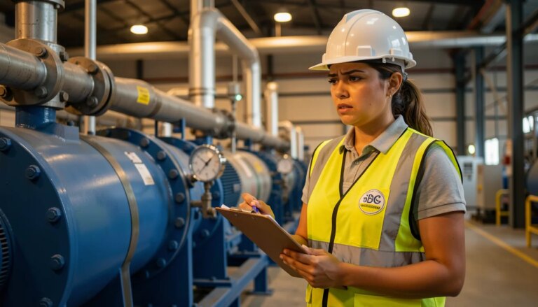Engenheira industrial inspeciona trocador de calor em fábrica, expressão de preocupação.