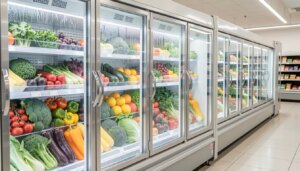 Eficiência térmica em empresas: como reduzir perdas, proteger produtos e melhorar o conforto Geladeira comercial eficiente com alimentos frescos em supermercado moderno
