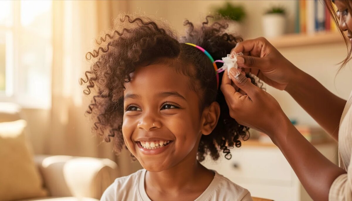 Penteado Simples para Cabelo Cacheado Infantil: 8 Ideias Rápidas, Bonitas e Sem Dor Mãe penteando com creme o cabelo cacheado da filha e prendendo com elástico colorido