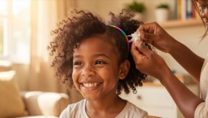 Mãe penteando com creme o cabelo cacheado da filha e prendendo com elástico colorido