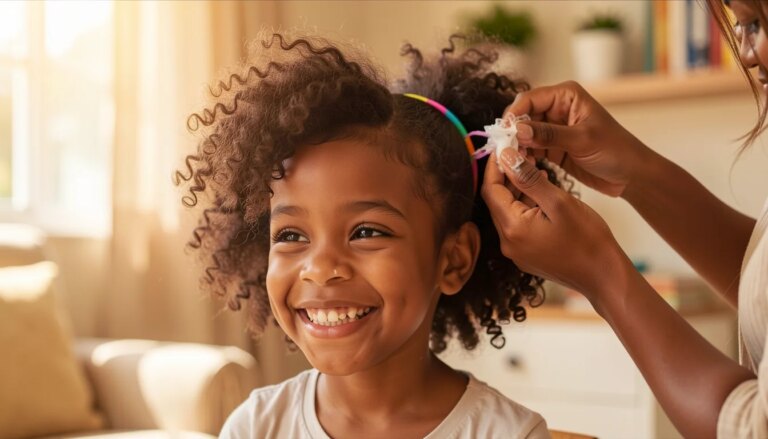 Penteado Simples para Cabelo Cacheado Infantil: 8 Ideias Rápidas, Bonitas e Sem Dor Mãe penteando com creme o cabelo cacheado da filha e prendendo com elástico colorido