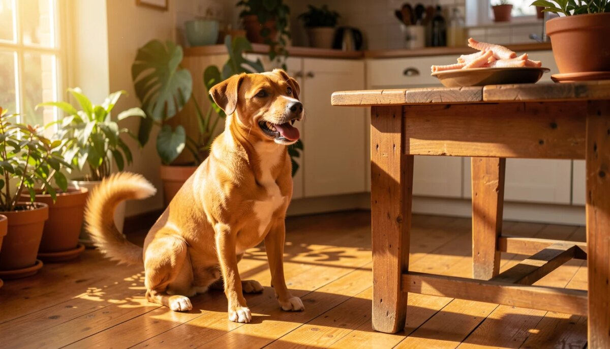 Cachorro caramelo feliz olhando para pés de galinha em tigela