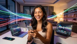 Mulher sorridente em sala moderna com internet ultrarrápida e luzes de fibra óptica.