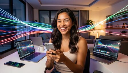 Mulher sorridente em sala moderna com internet ultrarrápida e luzes de fibra óptica.