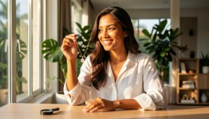 Mulher sorridente segurando colar de ouro 18k com diamante perto da janela