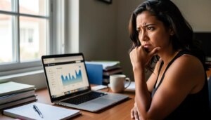 Autoridade digital não se compra: como sites pequenos ganham relevância sem atalhos Mulher brasileira em home office olhando para laptop com expressão de frustração e percepção