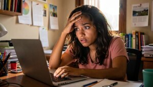 Gerador de Senha Online: Crie Senhas Fortes em Segundos (e Entenda o Que Torna uma Senha Segura) Mulher frustrada criando senha no computador em casa