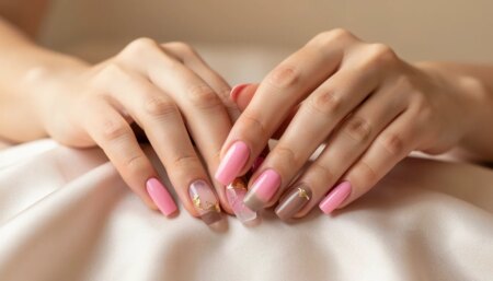 Unhas rosas perfeitas com nail art moderna em tons variados