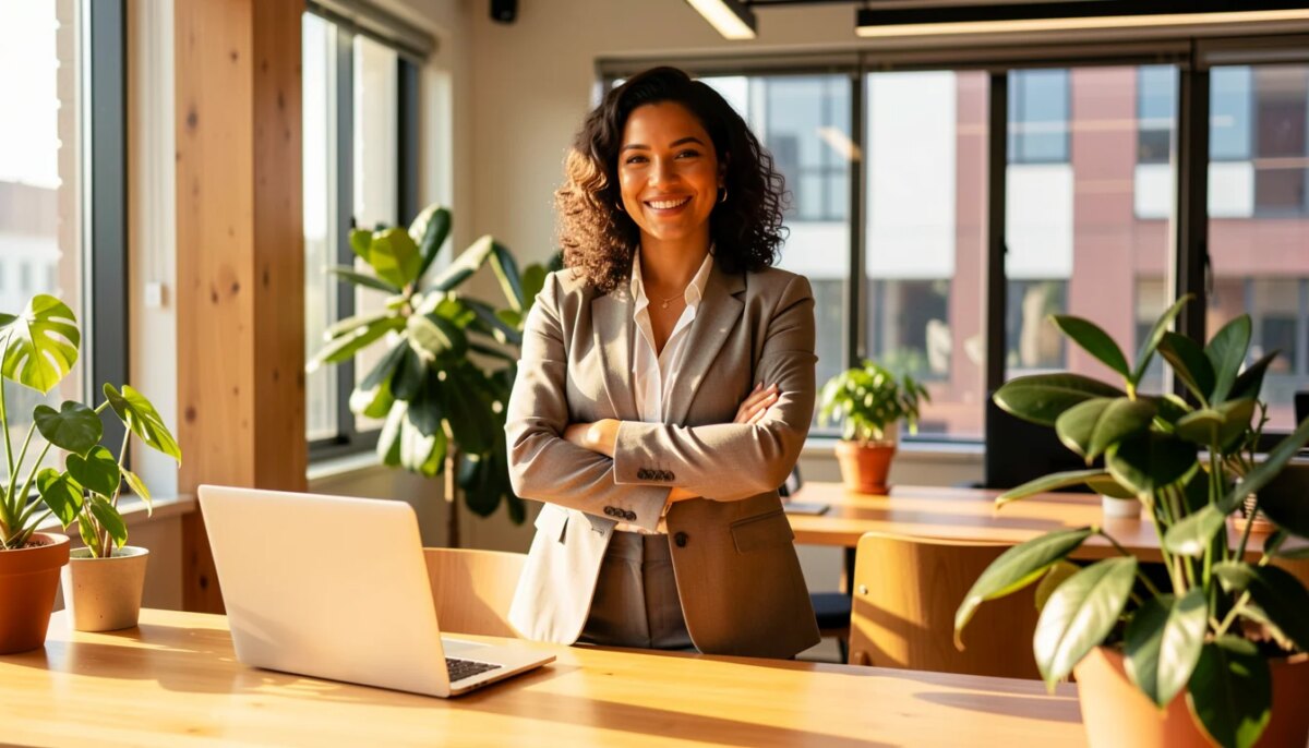 Mulher empresária confiante em escritório moderno com laptop brilhante