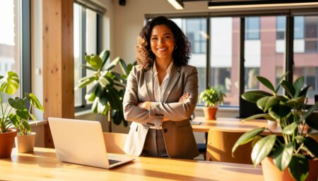 Franquias de sucesso precisam investir em SEO para aparecer nas IAs Mulher empresária confiante em escritório moderno com laptop brilhante