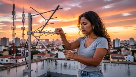 Instalação de Antena Digital em SP: Passo a Passo, Preços e Opção Grátis Mulher ajustando antena digital em telhado de SP durante pôr do sol.