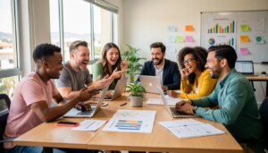 Equipe criativa colaborando em agência de marketing moderna no Brasil