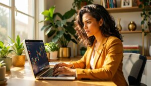 Mulher brasileira observando gráfico financeiro com expressão determinada em escritório em casa.