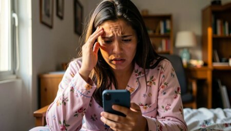Mulher com febre segurando celular, preocupada com atestado médico no trabalho